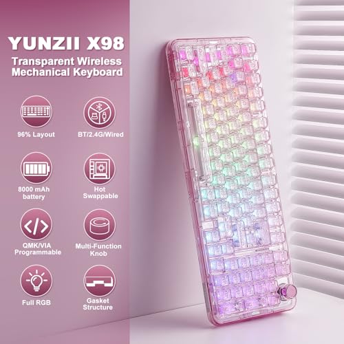 YUNZII X98 Clear Wireless Mechanical Keyboard with Knob (Pink, Snow Switch) | BT5.0/USB-C/2.4GHz,1800 Layout with Number Pad,Pre-lubed Switches Gasket Mount ,Clear Keyboard with RGB for Wins/Mac/Gaming - color: Pink, size: Snow Switch