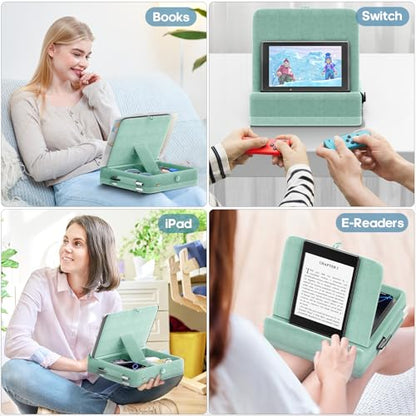 KDD Tablet Pillow Stand with Storage, Foldable iPad Holder for Bed, Lap and Desk, Angle Adjustable Soft Pad Dock with Stylus Mount Compatible with iPad Pro 12.9, 11, Air, Mini, Phones, Books (Green) - color: Green