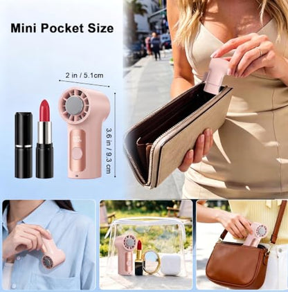 Portable Handheld Mini Fan with Ice Cooling Plate, Personal Clip On Turbo Fan Rechargeable, 18000 RPM 6 Speeds, 360° Detachable Clip, Pocket AC Fans Blow Cold Air for Beach Car Stroller Travel Makeup - color: Pink