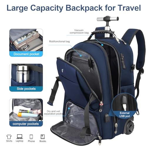 Backpack with wheels,rolling backpack with 2 Packing Cubes and compression bags,Laptop Compartment,Water Resistant Luggage suitcase,Air Travel,Weekend Trips (Blue) - color: Blue