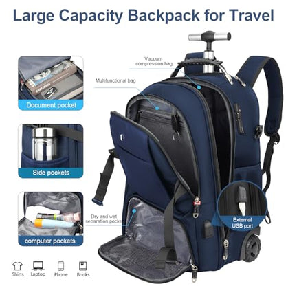 Backpack with wheels,rolling backpack with 2 Packing Cubes and compression bags,Laptop Compartment,Water Resistant Luggage suitcase,Air Travel,Weekend Trips (Blue) - color: Blue