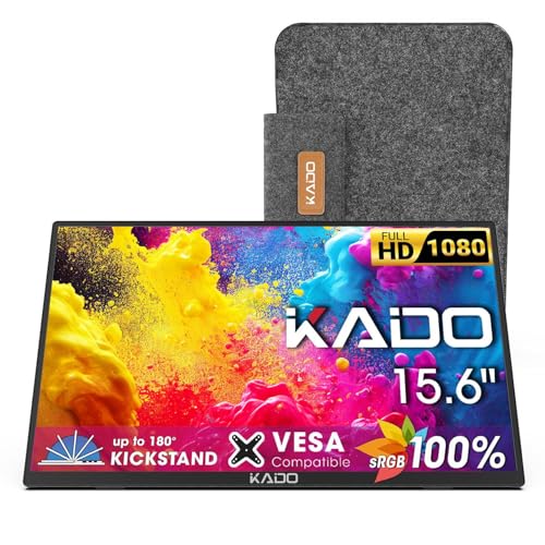 Kado Portable Monitor 15.6 Inch 1080p 100% sRGB Ultra-Slim Gaming Display | Laptop Monitor 1920x1080 180° Kickstand, Carrying Case for PC, Mac, Phone, Dex, Xbox, PS5, USB-C & HDMI Connectivity - size: 100% sRGB