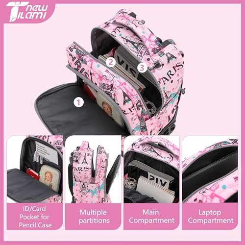 NEW TILAMI 18 Inch Rolling Backpack with Lunch Bag for Girls Boys School | 6-Wheel Stair-Climbing Girls Boys Carry-on Suitcase Water-Resistant Adjustable Trolley Handle Wheels School Travel Camping - color: Pink Romantic Paris