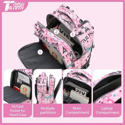 NEW TILAMI 18 Inch Rolling Backpack with Lunch Bag for Girls Boys School | 6-Wheel Stair-Climbing Girls Boys Carry-on Suitcase Water-Resistant Adjustable Trolley Handle Wheels School Travel Camping - color: Pink Romantic Paris