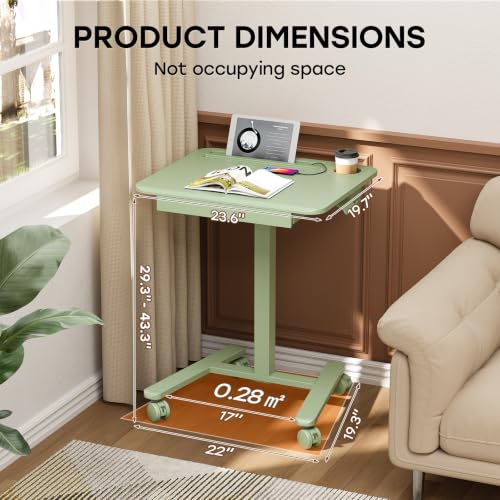 Small Mobile Standing Desk with Drawer, 23.6" x 19.7" Top | Height Adjustable Portable Laptop Desk with Wheels & Cup Holder, Sit Stand Computer Workstation for Compact Space, Sage Green - color: Green, size: 24"