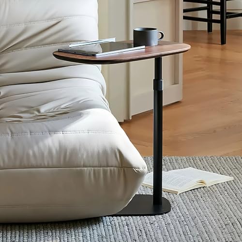 Modern C Shaped Side Table, Sofa Table, with Adjustable Height and Swivel Top, Laptop Table for Living Room, Bedroom, Study and Small Spaces, Walnut Wood