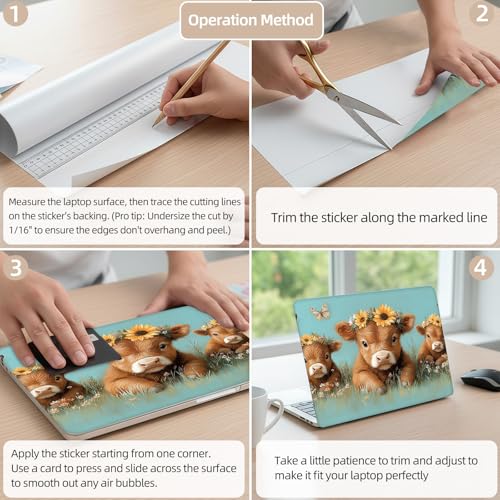 Aesthetic Laptop Skin Cover,12-15.6 Inch Universal Vinyl Sticker Decal,Waterproof Scratch-Resistant Notebook Wrap,Removable Residue-Free Protector,Cows Sunflowers Butterflies - color: Cows Sunflowers Butterflies