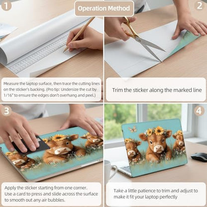 Aesthetic Laptop Skin Cover,12-15.6 Inch Universal Vinyl Sticker Decal,Waterproof Scratch-Resistant Notebook Wrap,Removable Residue-Free Protector,Cows Sunflowers Butterflies - color: Cows Sunflowers Butterflies