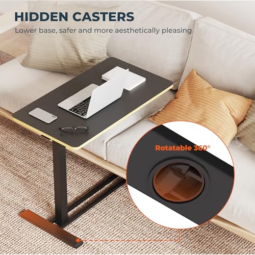 Medical Overbed Adjustable Bedside Table with Hidden Casters, Pneumatic Mobile Rolling Laptop Standing Desk with Tray for Home and Hospital Use, Black - color: Black, size: Large