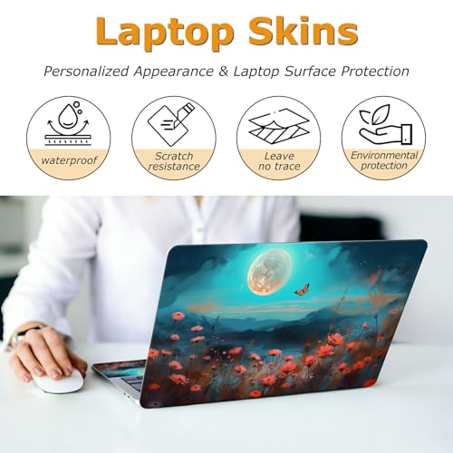 Universal Laptop Skin Sticker with 2 Wrist Pad Decals, 3-Piece Removable Vinyl Laptop Cover, Moon Poppy Waterproof Anti-Scratch, Easy-Trim Fit for 13.3" 14" 15.6" Laptops - color: Moon Poppy