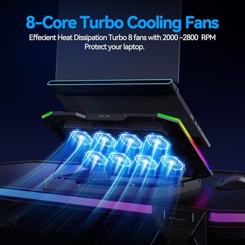 Gaming Laptop Cooling Pad with 8 Cooling Fans, Laptop Fan Cooler Pad for 15-17.3 Inch, Notebook Cooler Stand with 6 Height Adjustable, RGB Cooling Pad with Two USB Port + Phone Stand - size: 8 Fans