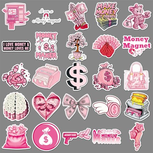 50Pcs Pink Money Stickers Y2K Vinyl Set | Aesthetic money themed waterproof vinyl decals for laptops, water bottles,phone cases, DIY crafts and personal decor. - style: Pink Money Stickers