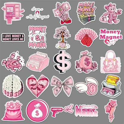 50Pcs Pink Money Stickers Y2K Vinyl Set | Aesthetic money themed waterproof vinyl decals for laptops, water bottles,phone cases, DIY crafts and personal decor. - style: Pink Money Stickers