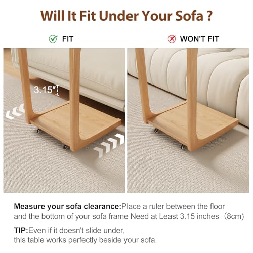 AQIMUELE Wooden C-Shaped End Table,Couch Table with Adjustable Desktop,Small Rolling Side Table with 2 Lockable Wheels,Small End Table for Couch, Living Room,Bedroom (Natural) - color: Natural, size: 15.6"D x 15.7"W x 24.8"H, style: Modern 2 Tier