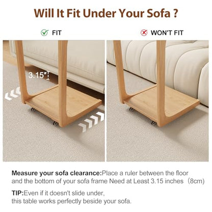 AQIMUELE Wooden C-Shaped End Table,Couch Table with Adjustable Desktop,Small Rolling Side Table with 2 Lockable Wheels,Small End Table for Couch, Living Room,Bedroom (Natural) - color: Natural, size: 15.6"D x 15.7"W x 24.8"H, style: Modern 2 Tier