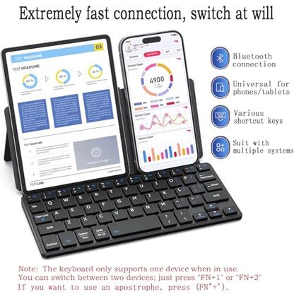 Universal Wireless Keyboards Portable Mini Keyboard with Any-Angle Stand | Dual-Device Computer Keyboards Rechargeable Travel Bluetooth Keyboard for iPad/iPhone/Tablet/Laptop&Android/Windows/iOS,Black - color: Black
