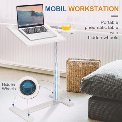 Adjustable Overbed Bedside Table with Hidden Wheels, Pneumatic Tilt Board Rolling Laptop Standing Desk Cart, Mobile Over Bed Sofa Chair Side End Tables, Walnut (White) - color: White