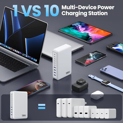 USB C Charger 730W USB C Charger Block,Upgraded GaN V 10-Port Fast Charging Station Hub,3X PD 100W Laptop Charging Adapter Compatible with MacBook Pro/Air,DELL,Steam Deck,iPhone 16/15/14,Galaxy S23 - color: A-White, size: 730W