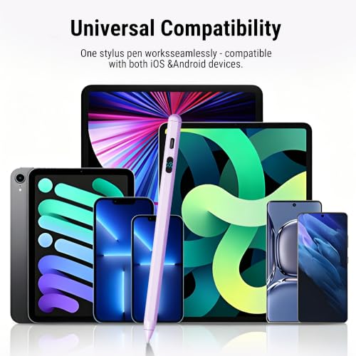 Active Stylus Pen with LED Display, 2-in-1 Dual Modes Digital Pencil for iPad iPhone Samsung Android Tablets & Switch, Palm Rejection & Tilt Sensitivity for Drawing, No Bluetooth Pairing (Purple) - color: Purple