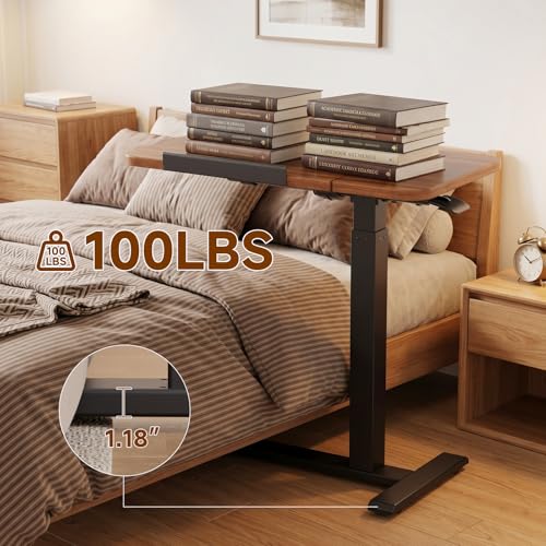 GTPLAYER Pneumatic Adjustable Standing Desk, 28 Inch Tiltable Mobile Rolling Laptop Table with Wheels, Overbed Bedside Table Computer Workstation for Home Office, Walnut - color: Walnut