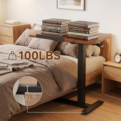 GTPLAYER Pneumatic Adjustable Standing Desk, 28 Inch Tiltable Mobile Rolling Laptop Table with Wheels, Overbed Bedside Table Computer Workstation for Home Office, Walnut - color: Walnut