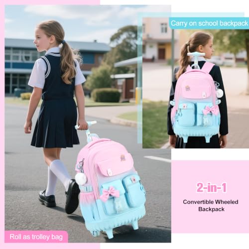 ACESAK Rolling Backpack for Girls - Roller Wheels School bag with Lunch Bag & Pencil Pouch for Teen Girls Kids Wheeled Suitcase Backpacks, Elementary Middle School Travel Daypack(Pink Blue) - color: Pink Blue