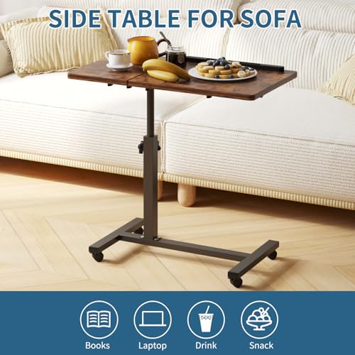 Adjustable Overbed Table with Wheels, Versatile Bedside Laptop Desk with 180° Flip Top, Height Adjustable Rolling Side Table for Bed, Sofa, or Recliner, Brown - color: Rustic Brown