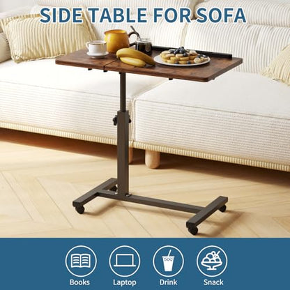Adjustable Overbed Table with Wheels, Versatile Bedside Laptop Desk with 180° Flip Top, Height Adjustable Rolling Side Table for Bed, Sofa, or Recliner, Brown - color: Rustic Brown