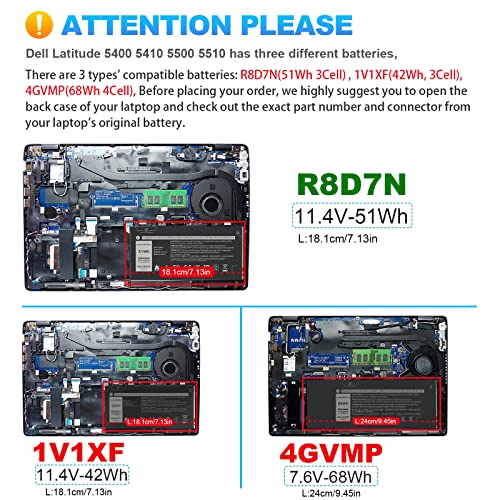 R8D7N 4GVMP 1V1XF Laptop Battery Compatible with Dell Precision 3540 M3550 Latitude 5400 5410 5500 5510 Inspiron 7590/7591/7791 2-in-1 Series P80F P80F001 P84F H82T6 0C5GV2 W8GMW 0W8GMW 0R8D7N - size: 7.13*3.78*0.28inch R8D7N