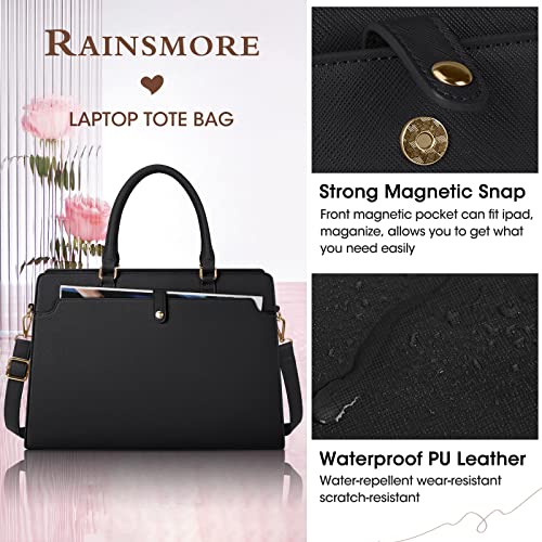RAINSMORE Laptop Bag for Women 15.6 Inch Laptop Tote Bag Leather Work Bag Waterproof Womens Briefcase Business Office Computer Tote Bag Large Capacity Handbag Shoulder Bag Black - color: Black