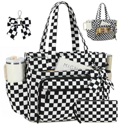BTOOP Work Tote Bag for Women, Laptop Tote Bag With 15.6 Inch Padded Compartment, Teacher Nurse Bible Bags - color: Black Checkered