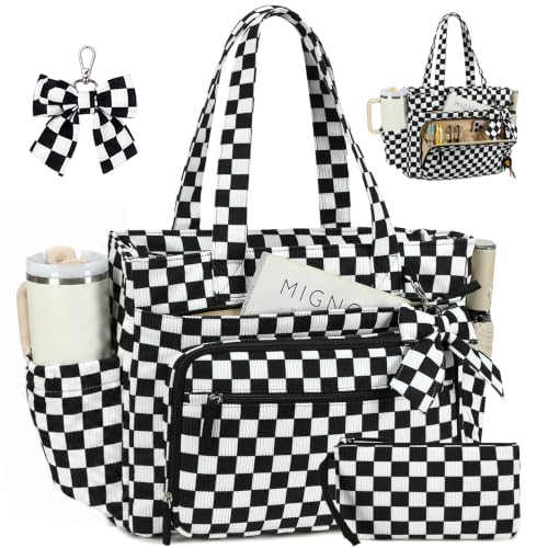 BTOOP Work Tote Bag for Women, Laptop Tote Bag With 15.6 Inch Padded Compartment, Teacher Nurse Bible Bags - color: Black Checkered