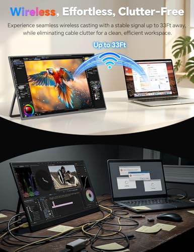 HotYeah 18.5" 100Hz Wireless Portable Monitor w/Rechargeable 10000 mAh Battery, Support AirPlay Miracast, 1080P IPS Monitor USB-C HDMI External Display, 2nd Screen for Laptop MacBook PC Phone Tablet - size: 18.5-inch