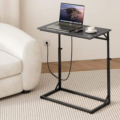 C Shaped End Table with Charging Station, Large C-Table End Table Adjustable Height Side Table for Couch, Sofa Table Slide Under Couch Table TV Tray Table for Living Room, Bedroom,Gray Walnut - color: Gray Walnut, style: With Plug
