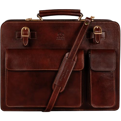 Time Resistance Leather Briefcase - Classy Bag for Men - Business and Vintage Briefcase Made in Italy - color: Brown