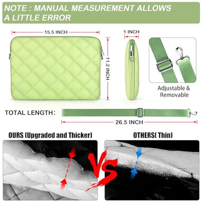 Puffy Quilted Laptop Sleeve with a Removable Shoulder Strap Compatible with MacBook Air 15 inch M2 A2941 2023/Pro 15 A1990 A1707, 15 Surface Laptop 5/4/3, Compatible with Dell XPS 15 - color: Sleeve - Green, size: 15 inch