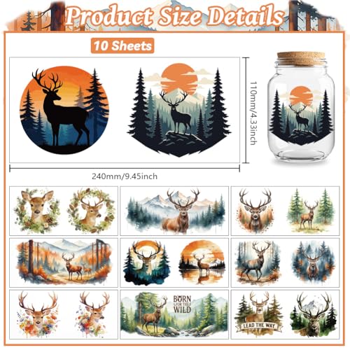 Peacoblue UV DTF Cup Wraps Transfer Stickers Forest Deer Pattern, 10 Sheets Waterproof Custom Vinyl Transfer Sticker 16oz Coffee Glass Cup Tumbler Bottle Mug Decals for Men Women - style: Forest Deer