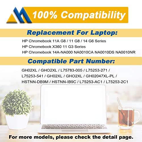 GH02XL HP Laptop Battery Replacement for HP Chromebook 11A G8 11 G8 14 G6 Chromebook X360 11 G3 NA0010nr NA0010DS NA0010CASeries GHO2XL L75783-005 HSTNN-DB9M L75253-271 L75253-2C1 7.7V 47.3Wh 6000mAh - size: 9.45*3.78*0.22 inch GH02XL