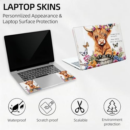 Highland Cow in Flower Bucket Floral Universal Laptop Skin Sticker 3PCS, Protective Decal Trim-to-Fit 11.6" 13.3" 14" 15.6" Laptop Vinyl Cover, Removable Anti-Scratch Computer Decal Protector - color: Highland Cow in Flower Bucket Floral