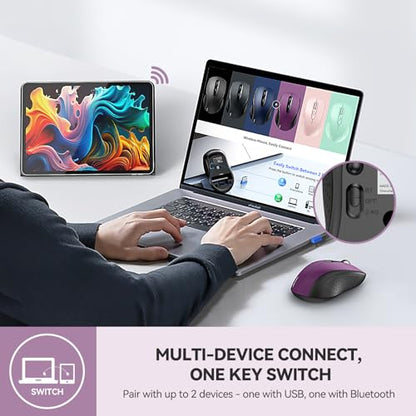 TECKNET 2-in-1 Bluetooth Mouse (BT 5.0/3.0+2.4Ghz), 6-Level 4000 DPI-Purple | BT 5.0/3.0 & 2.4G wireless mouse with 4000 DPI, silent clicks, ergonomic design, and USB receiver for laptop and PC. - color: Purple