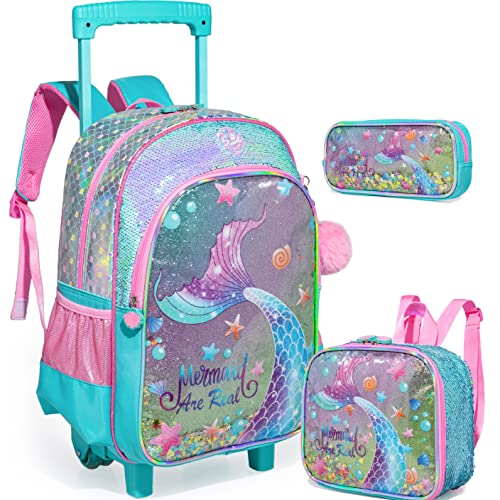 Mermaid Rolling Backpack for Girls with Lunch Box Kids Backpack with Wheels for School Sequin Rolling Backpacks for Kindergarten Girls Trolley Trips Kids Luggage - color: Blue Mermaid