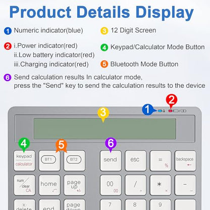 Rechargeable Wireless Number Pad for Laptop - 2-in-1 Dual Bluetooth & Wired Numeric Keypad with Calculator Display, 34 Keys Slim Portable Numpad for PC, MacBook, Tablet - Fast Data Entry & Accounting