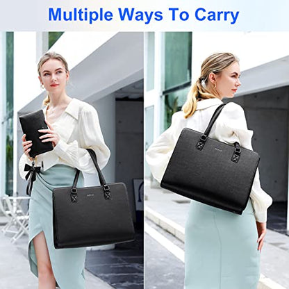 Keyli 4pc Sets Laptop Bag for Women Large Leather Laptop Briefcase with USB Charging Port Computer Shoulder tote Bags Purse - color: Black_2