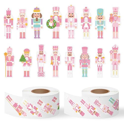 CNhoqc Christmas Nutcracker Sticker Rolls, 1000Pcs Pink Nutcracher Stickers | Self Adhesive, Waterproof Vinyl, Water Bottles Laptop, Christmas Birthday Party Favor, Stocking Stuffers, Greeting Card Makin - style: Christmas Nutcracker