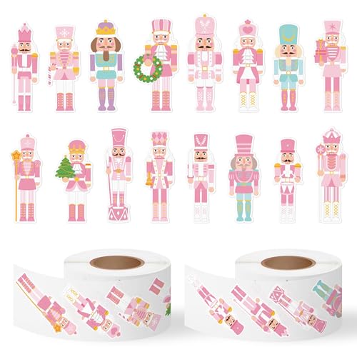 CNhoqc Christmas Nutcracker Sticker Rolls, 1000Pcs Pink Nutcracher Stickers | Self Adhesive, Waterproof Vinyl, Water Bottles Laptop, Christmas Birthday Party Favor, Stocking Stuffers, Greeting Card Makin - style: Christmas Nutcracker