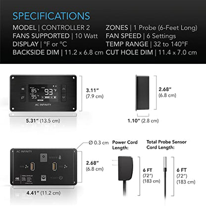 AC Infinity Controller 2, Fan Thermostat and Speed Controller, Controls AIRPLATE, MULTIFAN, USB Fans and Devices, for AV Cabinet Cooling
