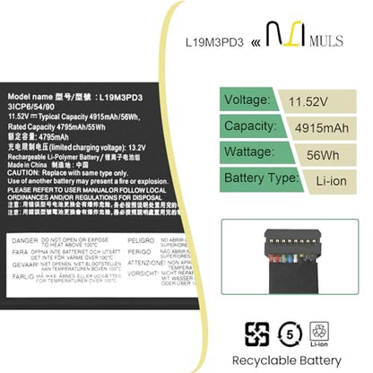 MULS 56Wh L19M3PD3 Battery for Lenovo IdeaPad S540-13 S540-13API S540-13ARE | S540-13IML S540-13ITL Series L19L3PD3 L19D3PD3 SB10V27762 5B10V27760 SB10V27765 5B10W67393 11.52V with Tools Extended runtime