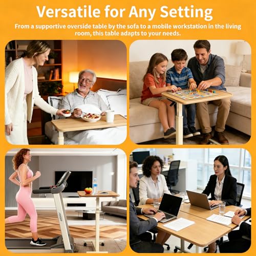 Adjustable Overbed Table with Wheels, Pneumatic Height Lift Rolling Bedside Table, Standing Desk for Home & Office Use, Ideal for Seniors & Limited Mobility(Walnut White) - color: Walnut White