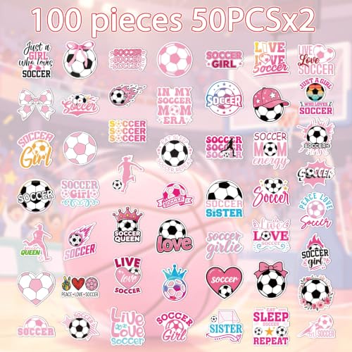 Pink Soccer Stickers for Women - 100 Pcs Cute Soccer Vinyl Sticker Decals, Sports Decals for Laptop Water Bottle Phone Case Notebook Skateboard Helmet Luggage Gift - style: Soccer