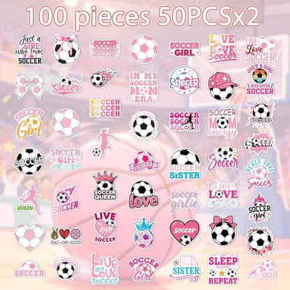 Pink Soccer Stickers for Women - 100 Pcs Cute Soccer Vinyl Sticker Decals, Sports Decals for Laptop Water Bottle Phone Case Notebook Skateboard Helmet Luggage Gift - style: Soccer